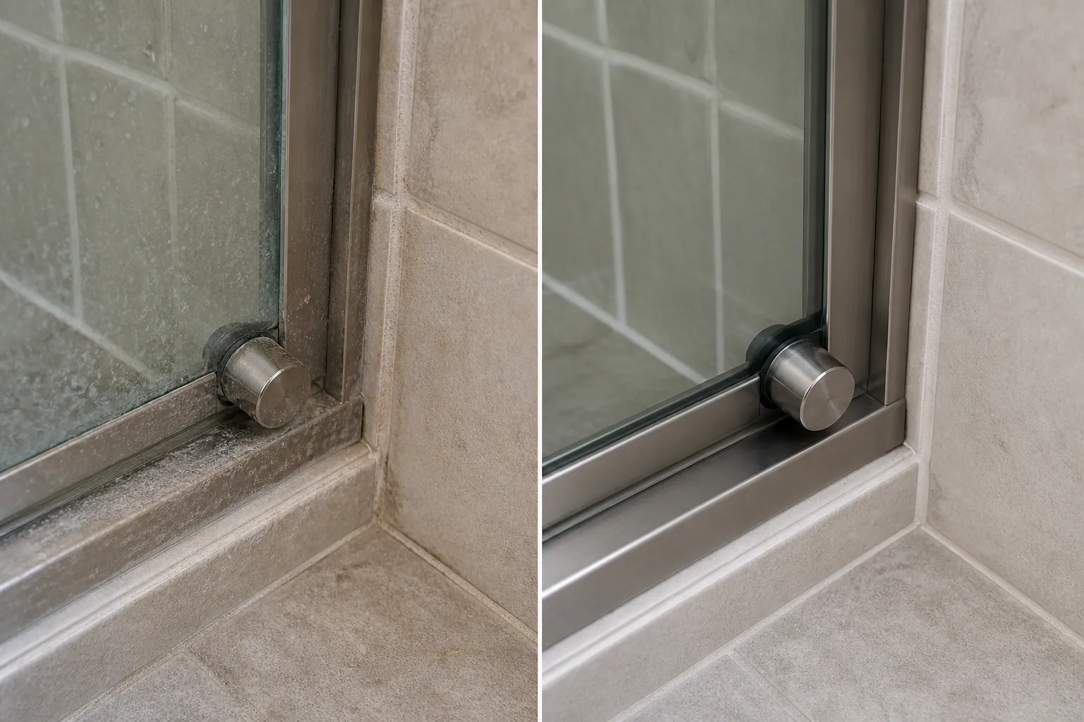Side-by-side sample showing a shower surface before and after cleaning